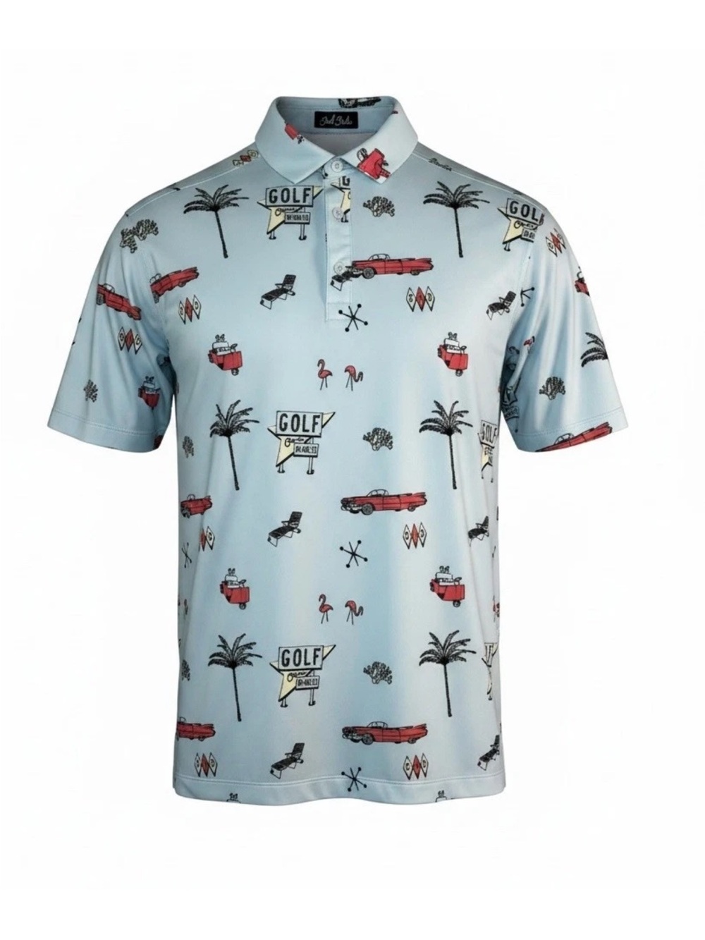 Men's Bad Birdie "The Drive In" Pattern Golf Polo Shirt in size large.